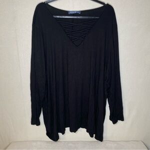 SIGNATURE WEEKEND Blouse Plus Size 3X Black Criss Cross V-Neck Split Back Goth
